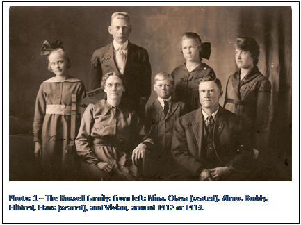Text Box:  
Photo: 2  The Russell family; from left: Nina, Olava (seated), Almo, Buddy, Hildred, Hans (seated), and Vivian, around 1912 or 1913.

